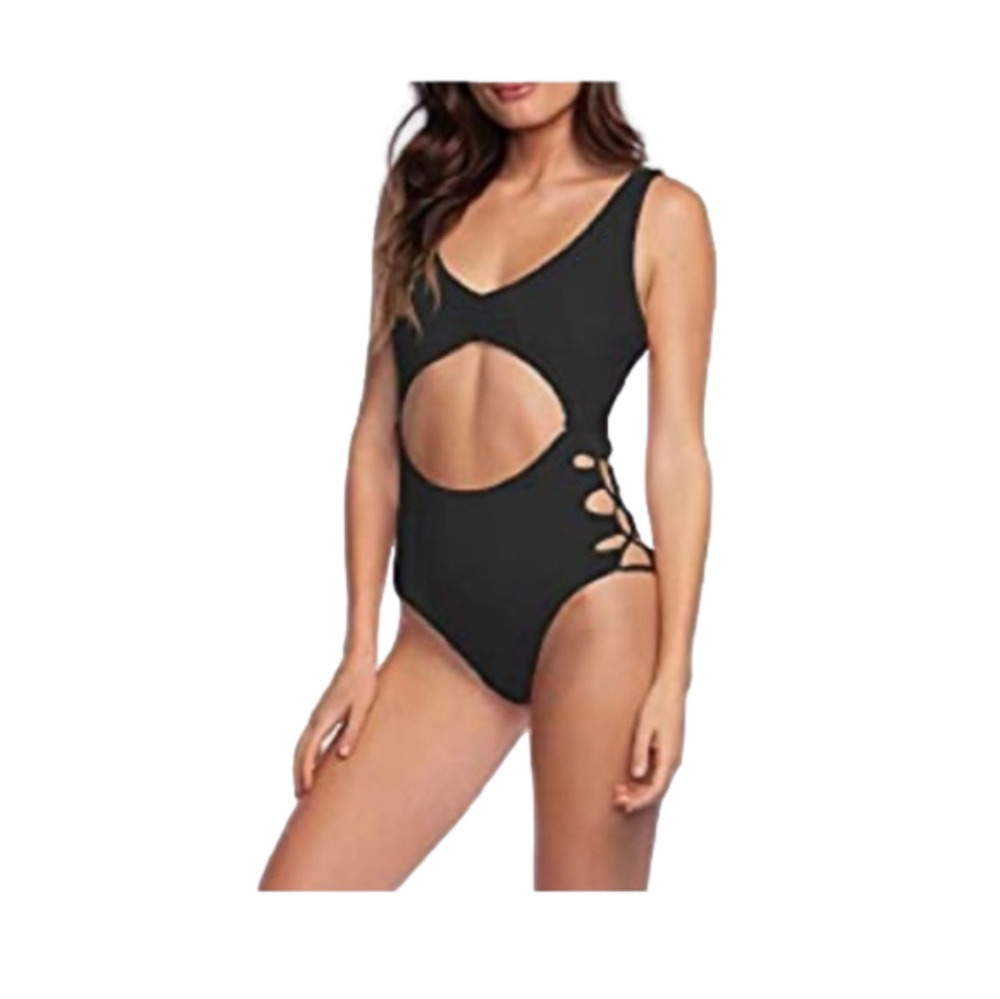 New Black One Piece Swimsuit, Tie Sides, Seamless fit, Small, Cut out